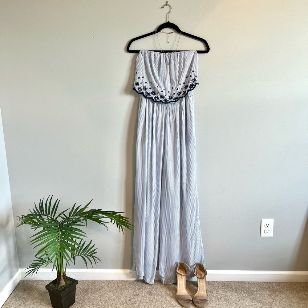 JESSICA SIMPSON Strapless Jumpsuit in White + Blue